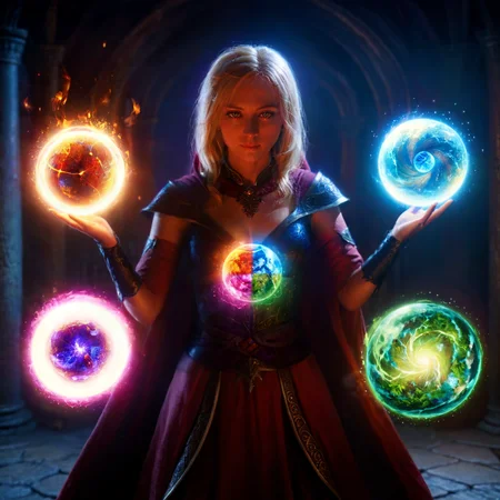 female archmage casting (elementalfusion spell:1.4), 4 different glowing elemental orbs,earth orb, water orb, wind orb, (fire orb:0.8), glowing, embers,4 elements, magic,
(epic:1.3),rim light, dim light, cinematic, detailed, intricate details, masterpiece, best quality, perfect composition, rutkowski inspired intricacies, beautiful eyes,
<lora:add-detail-xl:2.0>,<lora:elements_blend:0.8>, <lora:Aesthetics_Enhancer_XL:0.6> enhanceimage ,<lora:glowneon_xl_v1:0.6> , <lora:hand 4:0.8> Hand