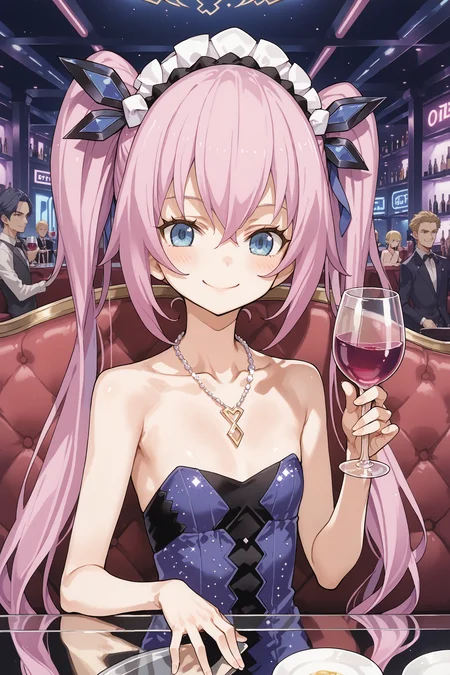 score_max, (score_9, score_8_up, score_7_up:1.2), score_6_up, official art, source_anime,
masterpiece, absurdres, high detail,
nightclub, glass table, couch, upper body,
girl sitting to side, holding wine glass, smile, blush,
ddpsaya, twintails, headdress, hair bow, long hair, night dress, sequins, sleeveless, strapless, bare shoulders, flat chest, necklace
<lora:XL_Pony_gomaotsu-saya-t2:1>
