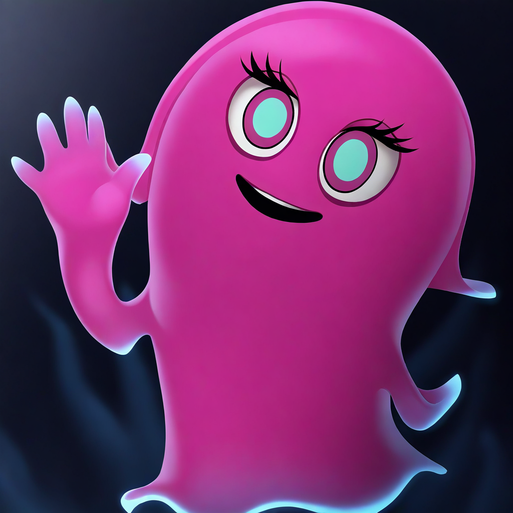 masterpiece, best quality, solo,  pin_paga, pink ghost, waving, looking at viewer,