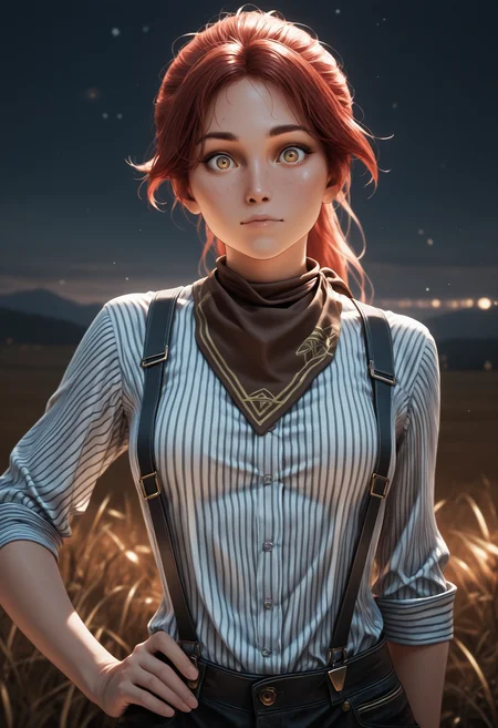 masterpiece, best quality, amazing quality, 1girl, <lora:maelle_illustrious:1>, ma3ll3,
striped shirt, hand on hip, looking at viewer, shirt, striped, upper body, suspenders, kerchief
