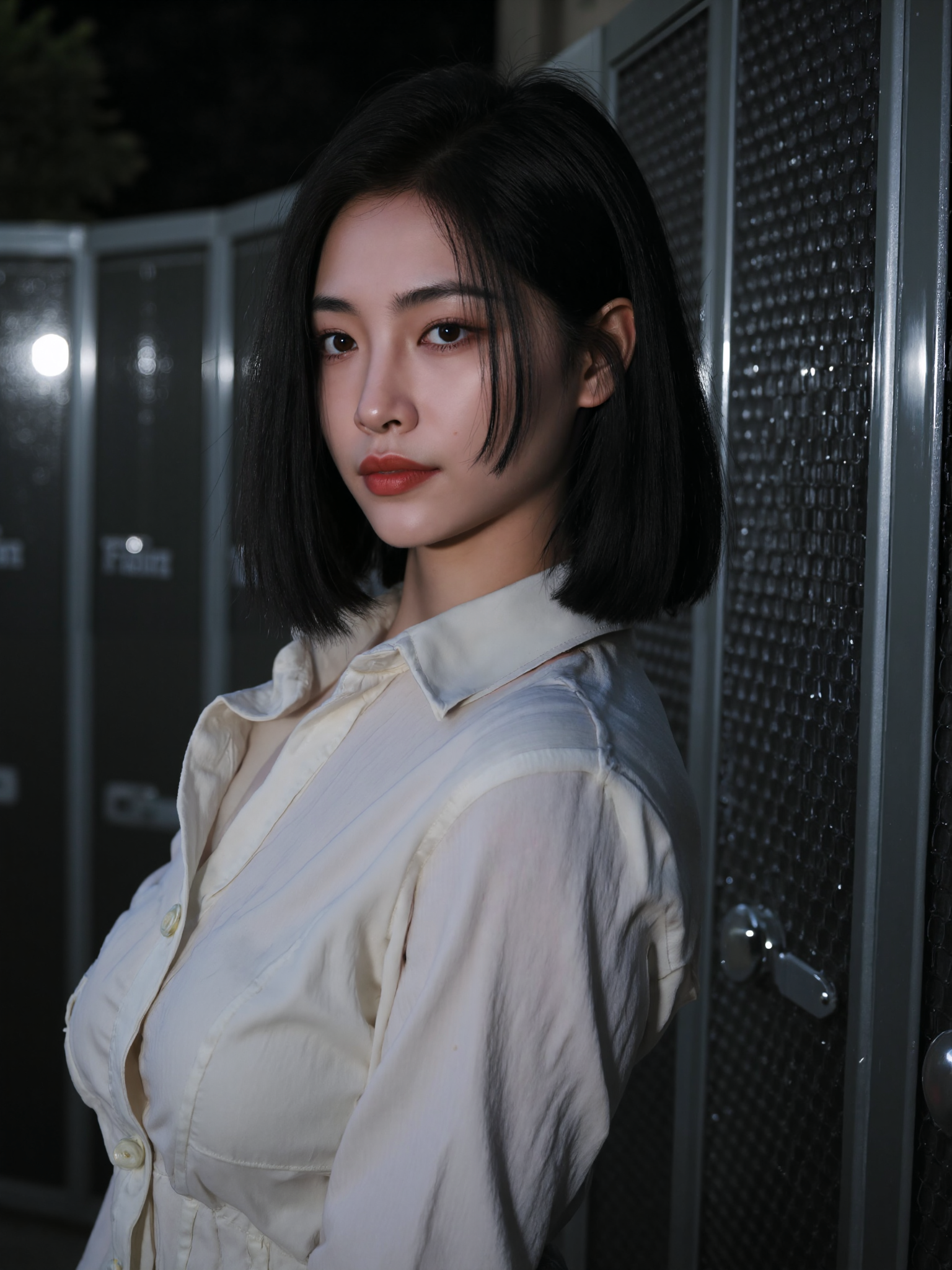 This is a high-resolution photograph featuring a young Asian woman with a medium complexion, standing in front of a row of metallic lockers. She has a slender build and is wearing a white office shirt, with the top buttons undone and the shirt slightly slipping off one shoulder, revealing a hint of bare skin. Her short, straight black hair is styled in a bob, and she has a subtle, natural makeup look with soft pink lipstick. The lighting is low and moody, casting gentle shadows across her features and the lockers behind her, creating a subdued and intimate atmosphere.
﻿
The camera angle is slightly low, capturing her from the waist up, with the lockers fading into the dim background and adding depth. The composition follows the rule of thirds, with her face and the lockers occupying the upper and lower thirds, respectively. The overall mood is soft and suggestive, blending understated sensuality with quiet elegance and self-possession.