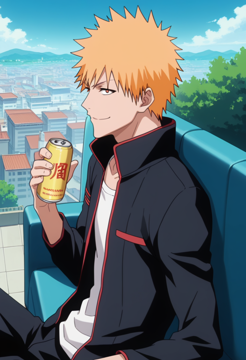 score_9, score_8_up, score_7_up, source_anime, masterpiece, 1boy, ichigo kurosaki, jacket,  , <lora:ichigo_kurosaki_ponyxl:1>, , smug,  side smile, lowered eyelids, arrogant smile,  smug smile,, at the rooftop , city view, chinese architecture , outdoors, chinese kingdom, medieval,, solo, looking at viewer, looking to the side,   lying on couch,  on back , arm dangle, from side, holding can,