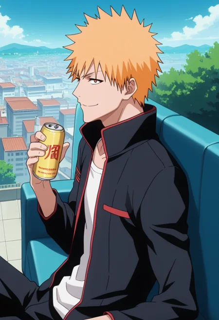 score_9, score_8_up, score_7_up, source_anime, masterpiece, 1boy, ichigo kurosaki, jacket,  , <lora:ichigo_kurosaki_ponyxl:1>, , smug,  side smile, lowered eyelids, arrogant smile,  smug smile,, at the rooftop , city view, chinese architecture , outdoors, chinese kingdom, medieval,, solo, looking at viewer, looking to the side,   lying on couch,  on back , arm dangle, from side, holding can,