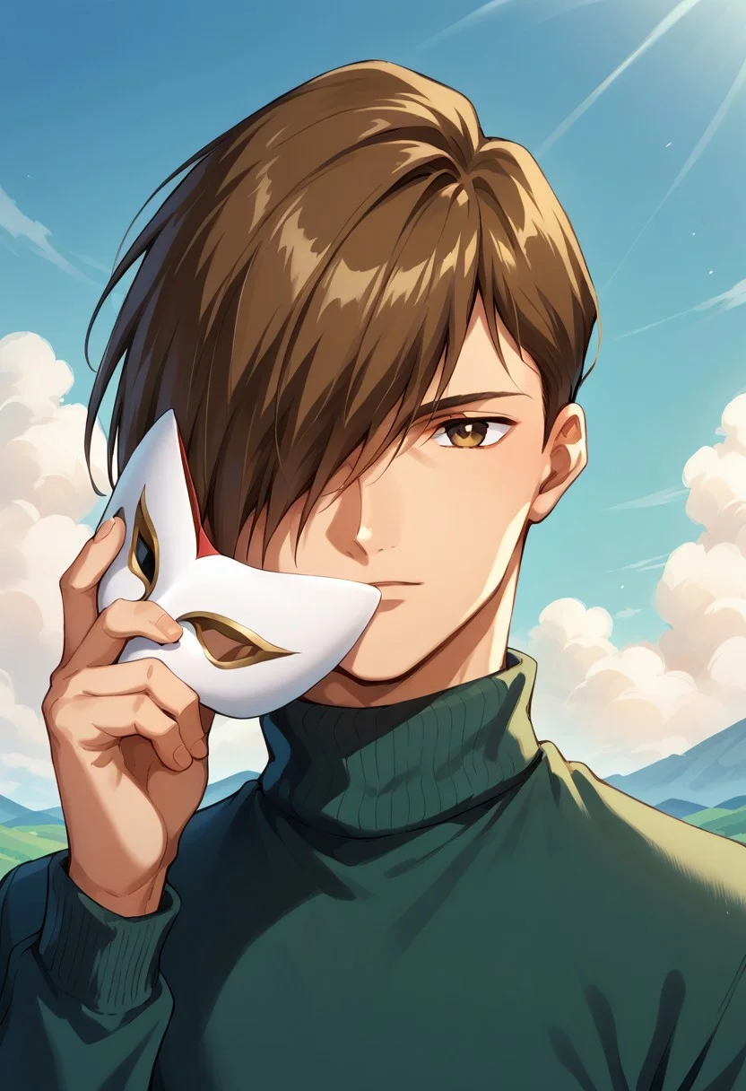 score_9, score_8_up, score_7_up, source_anime, highly detailed,
trowa, 1boy, male focus, solo, mask, brown hair, holding mask, holding, hair over one eye, turtleneck, looking at viewer,
outdoor, sky,