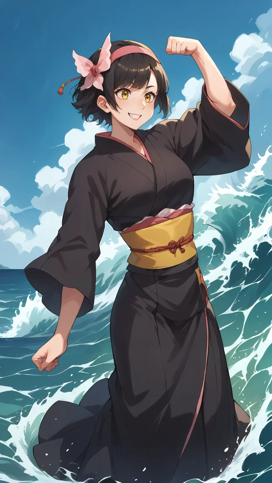 score_9,score_8_up,score_7_up,score_6_up, source_anime, zPDXL, <lora:Mio - Pony-000004:0.8>, woman, short black hair, pink headdress, yellow eyes, black kimono, yellow obi, <lora:Wakfu_CartoonV02:0.5>, <lora:xl_more_art-full_v1:0.5>, (flexing), (large waves), (surrounded by waves), ocean, stormy sea, splashing, smile,
