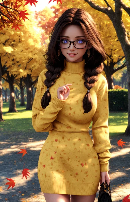 3D, high quality, girl, standing, dynamic pose, yellow sweater dress, glasses, long braided hair, detailed face, expressive eyes, park setting, autumn leaves, soft sunlight, perfect anatomy, detailed hands, vibrant colors
<lora:add_detail:0.4> <lora:backlight_slider_v10:-1>