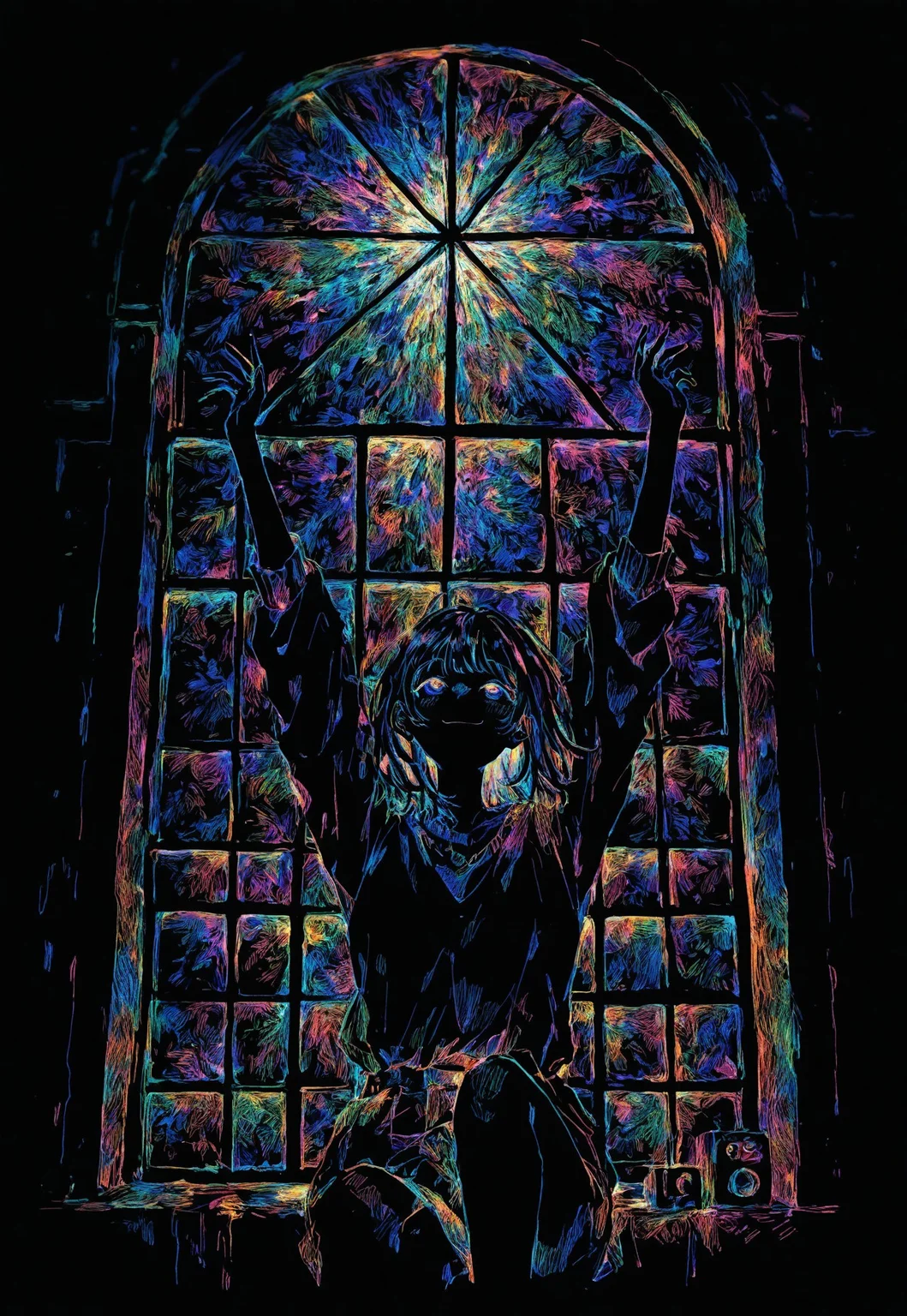 safe, sitting, solo, knee up, arms up, happy, looking up, black border, window, indoors,
colorful, black background, hatching \(texture\),
masterpiece, best quality, absurdres