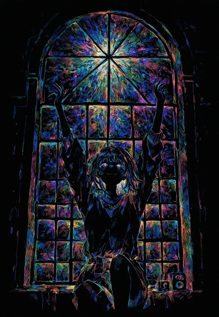 safe, sitting, solo, knee up, arms up, happy, looking up, black border, window, indoors,
colorful, black background, hatching \(texture\),
masterpiece, best quality, absurdres