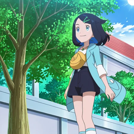 Score_8_up, score_9_up, masterpiece, easynegative, PokemonStyle, 1girl, solo, shilikodef, bangs, blue eyes, black hair, multicolored hair, eyelashes, cowlick, hairclip, medium hair, necklace, jewelry, hair ornament, sleeves past elbows, long sleeves, white shirt, open jacket, blue jacket, open coat, hooded jacket, green coat, yellow bag, blue shorts, black shorts, belt, white socks, shoe, (hands, five fingers), smiling, (standing, front view), (day, sun, tree, wind, green leaves, buildings),