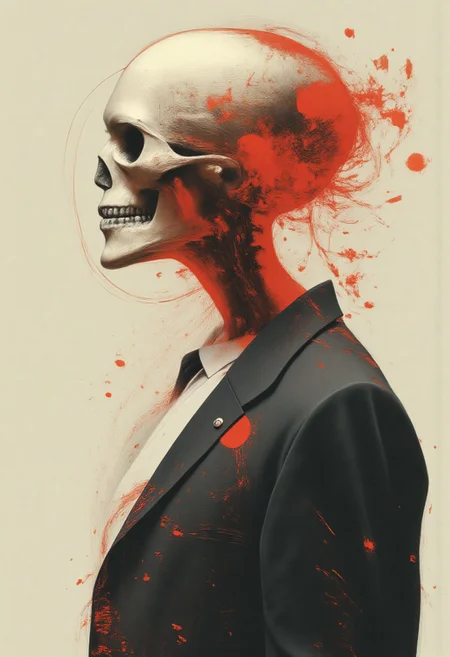 film grain, Japanese Model A striking duotone illustration featuring a right-facing profile portrait cartoon of a subject wearing a black formal jacket, with exposed skeletal structure including the skull, jaw, and upper spine rendered in bright red against a contrasting background color. The cartoon-style anatomical elements show precise bone structure detail while maintaining a stylized, graphic illustration aesthetic. Wispy strands of red smoke or energy particles float around the figure in the duotone color scheme. The profile view emphasizes the jawline and skull structure with bold, clean lines typical of cartoon illustration style. High contrast duotone treatment with dramatic lighting effects and graphic design elements.