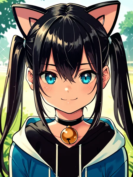 ht_halloweengirl, (flat chest:0.8), black hair, blue eyes, <lora:happy_tentacle-halloweengirl-v0.1-000045:1>, , elbow gloves, thighhighs, choker, neck bell, jingle bell, twintails, cat ears, cat tail, hooded jacket , outdoors, 1girl, solo, upper body , , ( seductive smile :1.1), , looking at viewer , standing , facing viewer , score_9, score_8_up, score_7_up, score_6_up, score_5_up, score_4_up
