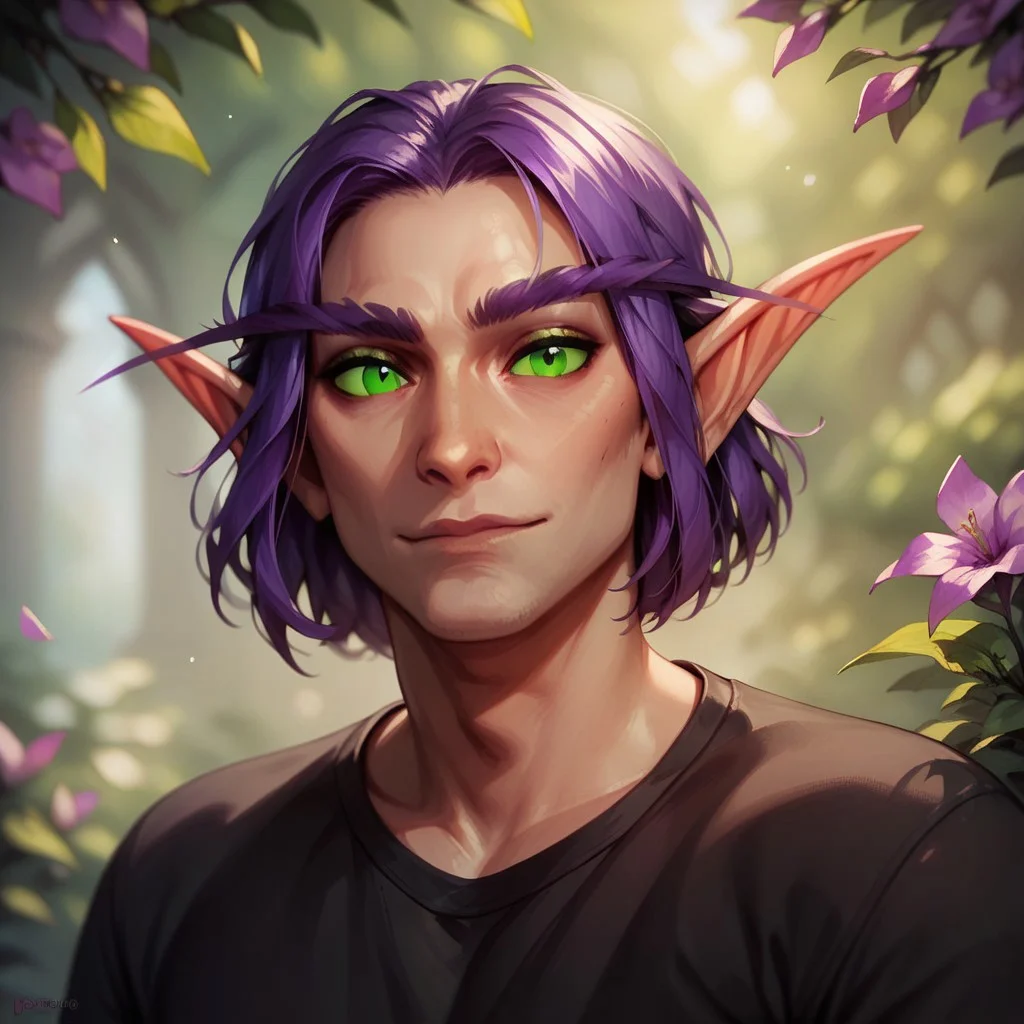 (((beautiful, high quality))), upper Body, score_9, score_8_up, score_7_up, 
Elf, pointed ears, long eyebrows,
1male, purple hair, green eyes, black shirt,
looking at the viewer, posing, blurred background,