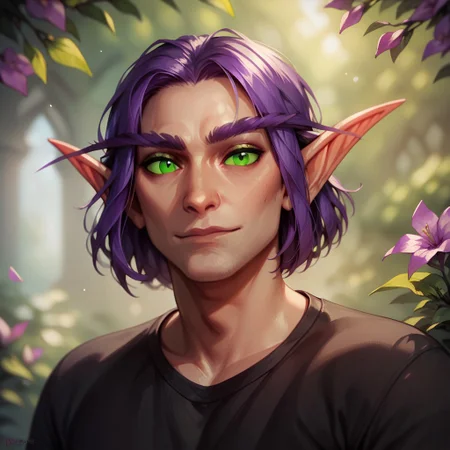 (((beautiful, high quality))), upper Body, score_9, score_8_up, score_7_up,
Elf, pointed ears, long eyebrows,
1male, purple hair, green eyes, black shirt,
looking at the viewer, posing, blurred background,