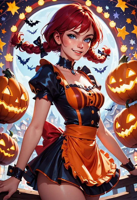 score_9, score_8_up, score_8, medium breasts, (curvy), cute, eyelashes,
BREAK, ,
(Halloween), pumpkins,
,🎃,
zzwendy, red hair, blue eyes, apron, bow, hair bow, sidelocks, striped, smug, orange and black outfit,
,🎃,
smile, looking at viewer, cowboy shot, zPDXL,