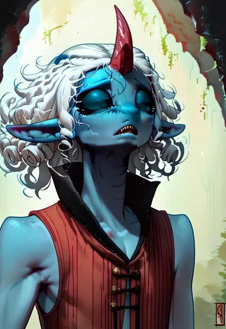 1 person, Kufr, blue skin, single horn, white hair, curly hair, black sclera, red horn, pointy ears, small ears, androgynous, ((slim figure, sleek skin)), ((flat nose:1.2, nasal slits)):1.8, thin lips, sharp teeth,
Looking to the left,
((Extreme close up, headshot, detailed face)), ((head focus, straight view, high angle)), variety,
clean lines, smooth colors, sfw, source: semi-realistic, medieval style, rating: pg, score: 8 up, score: 9