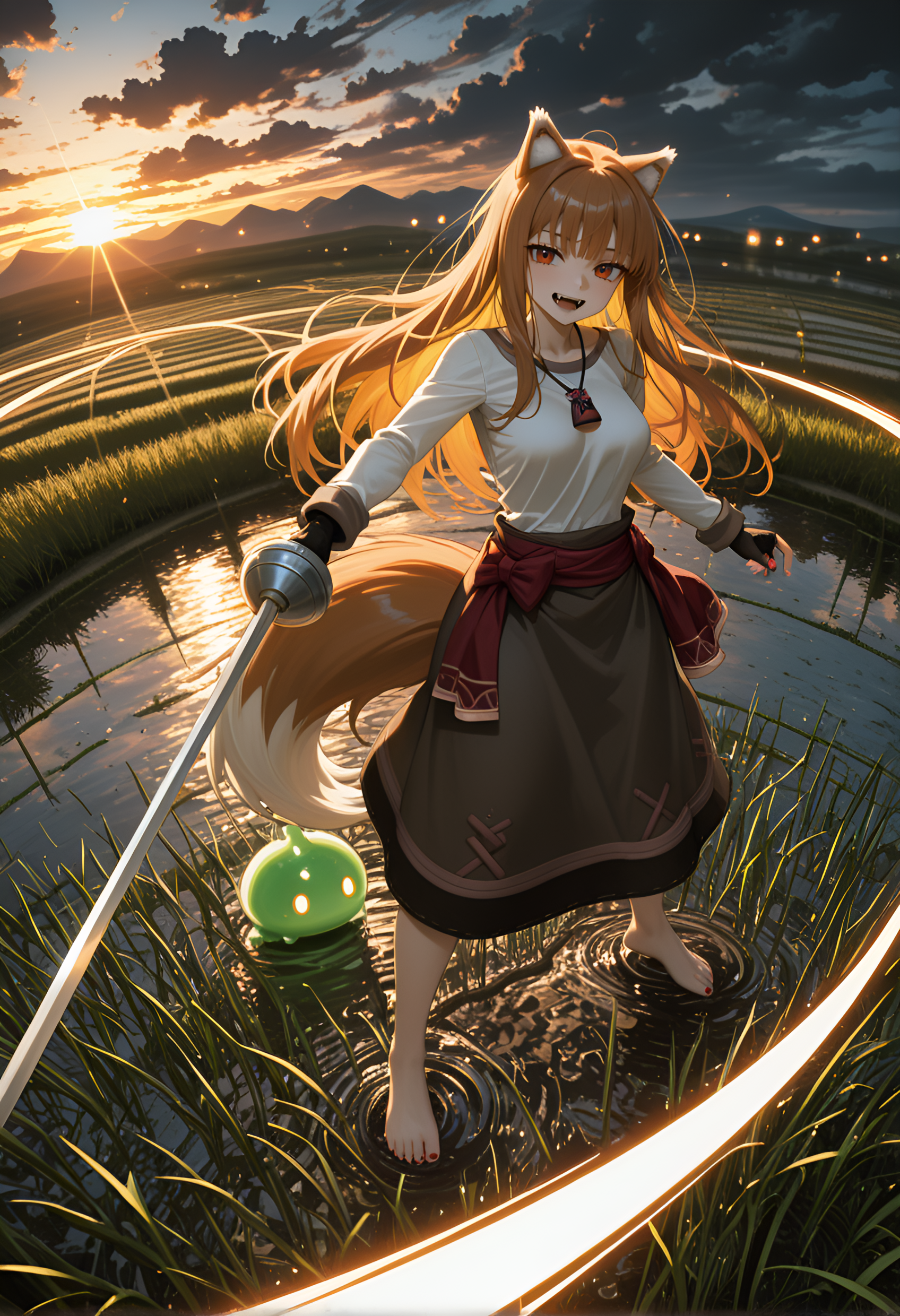 very aesthetic, fisheye, Stormy Lighting (Dark clouds, motion_lines:1.1, motion_blur:1.1, nail_polish, long hair, HDR, 8K, ephemeral, holding a rapier pointed upwards, ultra-detailed, Holo (Spice and Wolf), slime_(creature), sagging breasts, absolutely eye-catching, depth of field, Golden Hour Theme, glow, 1girl, Rice paddy fields, best quality, two toned hair, pale skin, flooded terraces, green shoots., serene expression, absurdres, ambient occlusion, Dip-dyed ends hair, standing, fangs, amazing quality, Dramatic), cat_girl, ink in water, newest, presenting - Arms open, long_nails, barefoot, anime character, Lace fingerless gloves with a satin bow detail., medium breasts, gesturing towards something or someone, masterpiece