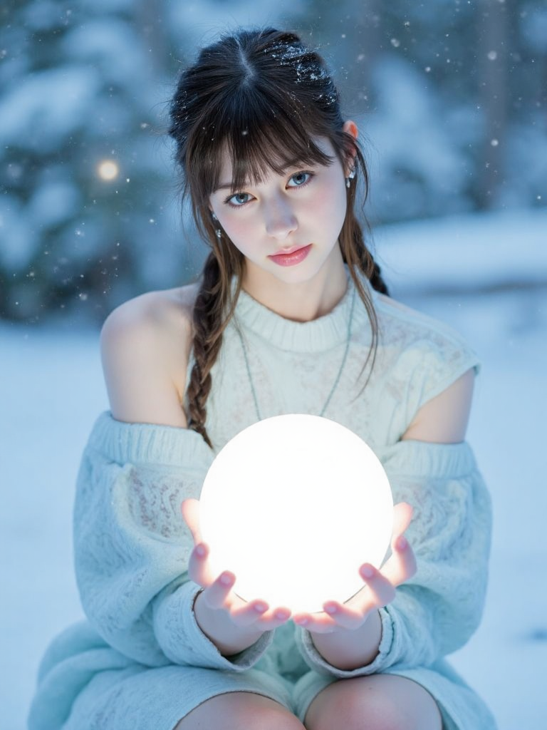 There are wonderful studio lights and various reflections,
18yo beautiful cute girl with blushing and female orgasm.skin naturally showing the texture of blood vessels and detailed pale skin,
--,
<lora:Nakajo_Ayami_f1:1>,she is Nakajo Ayami, A magical winter forest with sparkling snowflakes  falling from the sky. A frozen lake beneath a lonely mountain with a snow summit. A gorgeous female (most beautiful girl in the world) with brown hair falling down her shoulders in a braid, she is sitting on her knees holding a magical glowing frost orb elevating slightly above her hands.she is wearing a gently transparent light blue lace dress with a slit revealing her legs. she has big beautiful eyes with a light blue eye color and a light smile on her face. Her skin is an ethereal pale, almost translucent with a bluish hue, as if it has never felt warmth. The cold, frosty light casts soft shadows on her sharp, angular features, accentuating her high cheekbones and delicate jawline.Her makeup is subtle yet striking, with a frosty silver-blue eyeshadow that blends into her pale skin, drawing attention to her piercing ice-blue eyes. These eyes are sharp and full of wisdom, glowing softly with a mysterious, magical light. Long, thick eyelashes are dusted with a faint shimmer of frost, and her lips are a cool shade of frostbite blue, giving her an otherworldly, cold beauty.fantasy art style, perfect lighting, beautiful colors, 3D portrait, (8k resolution), artwork.,,