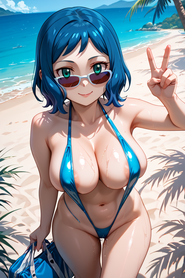score_9, score_8_up, score_7_up, (iori rinko), (gundam build fighters), <lora:Iori Rinko ApexThunderAi PonyXL-10:0.9>, source game, source game, masterpiece, expressive eyes, perfect face, cinematic lighting, volumetric lighting, bloom, post processing, Expressiveh, ocean, beach, day time, sunlight, palm trees, looking at viewer, huge breasts, thick thighs, wide hips, curvy, swimsuit, skindentation, parted lips, (solo), hips focus, five-fingered hands, undersized swimsuit, oiled skin, oily skin, taking selfie, front view, (extreme closeup), half-closed eyes, pussy juice, showing cleavage, high-angle view, right hand doing peace sign, large areola, nip slip,blue hair, blue eyes, sidelocks, four-fingered hand, wearing sunglasses, slingshot bikini, ultra detail body, ultra detail hands, <lora:Detailed Hands - FLUX:1>