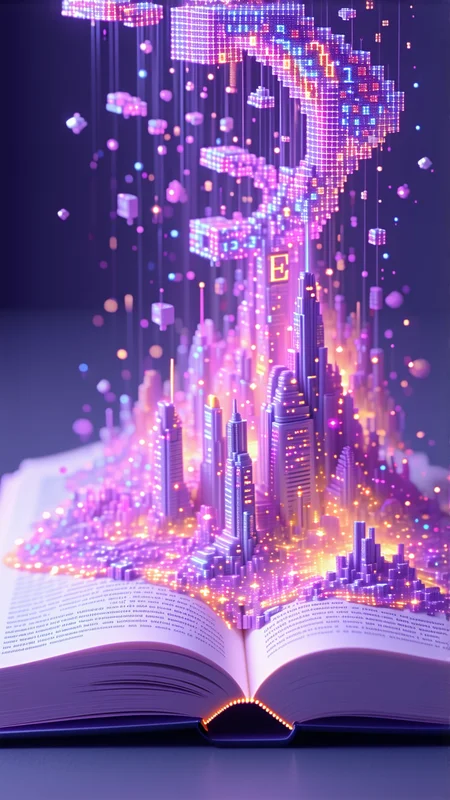 
A futuristic digital book opens, and streams of pixelated letters float out, forming digital holograms of futuristic cityscapes that flicker with neon light.