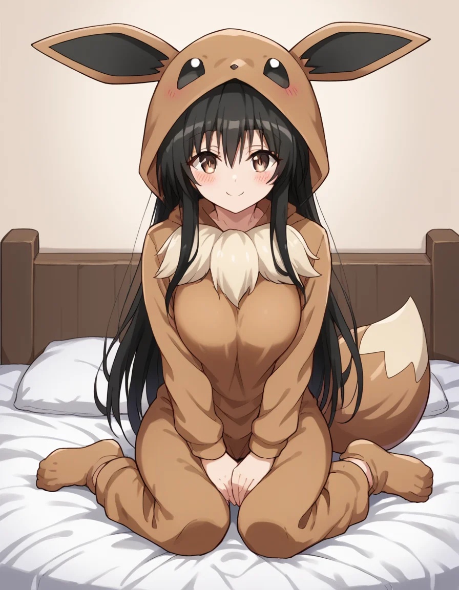 score_9, score_8_up, score_7_up, source_anime, <lora:yui-kotegawa-darkness-ponyxl-lora-nochekaiser:1>, yui kotegawa, black hair, brown eyes, long hair, large breasts, <lora:eevee-cosplay-ponyxl-lora-nochekaiser:1>, eevee cosplay, eevee (cosplay), cosplay, hood, hood up, long sleeves, kigurumi, animal ears, pokemon tail, tail,, bed, on bed, sitting, smile, blush,, cowboy shot, looking at viewer,