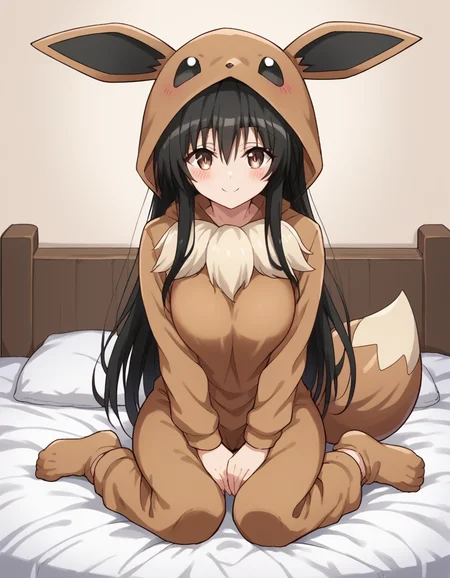 score_9, score_8_up, score_7_up, source_anime, <lora:yui-kotegawa-darkness-ponyxl-lora-nochekaiser:1>, yui kotegawa, black hair, brown eyes, long hair, large breasts, <lora:eevee-cosplay-ponyxl-lora-nochekaiser:1>, eevee cosplay, eevee (cosplay), cosplay, hood, hood up, long sleeves, kigurumi, animal ears, pokemon tail, tail,, bed, on bed, sitting, smile, blush,, cowboy shot, looking at viewer,