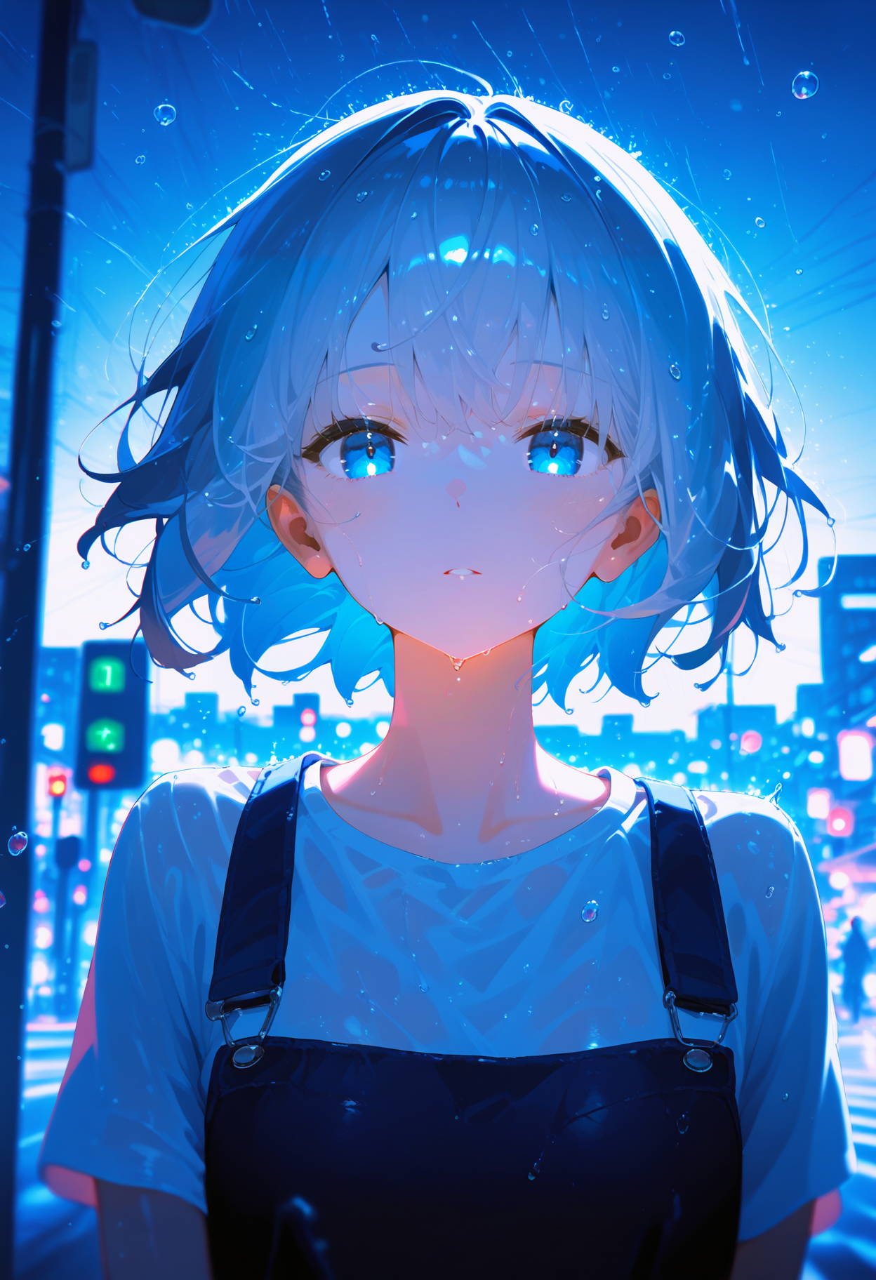 <lora:EtherPDXLStyleXL:1>, best quality, masterpiece, EtherPDXLStyle, blue theme,cute 1girl, silver short hair, rainy, blurry citylights, pedestrian crossing, summer outfit, melancholy face, water drop,wind,straight-on,looking at viewer,(depth of field:1.2),(foreshortening)