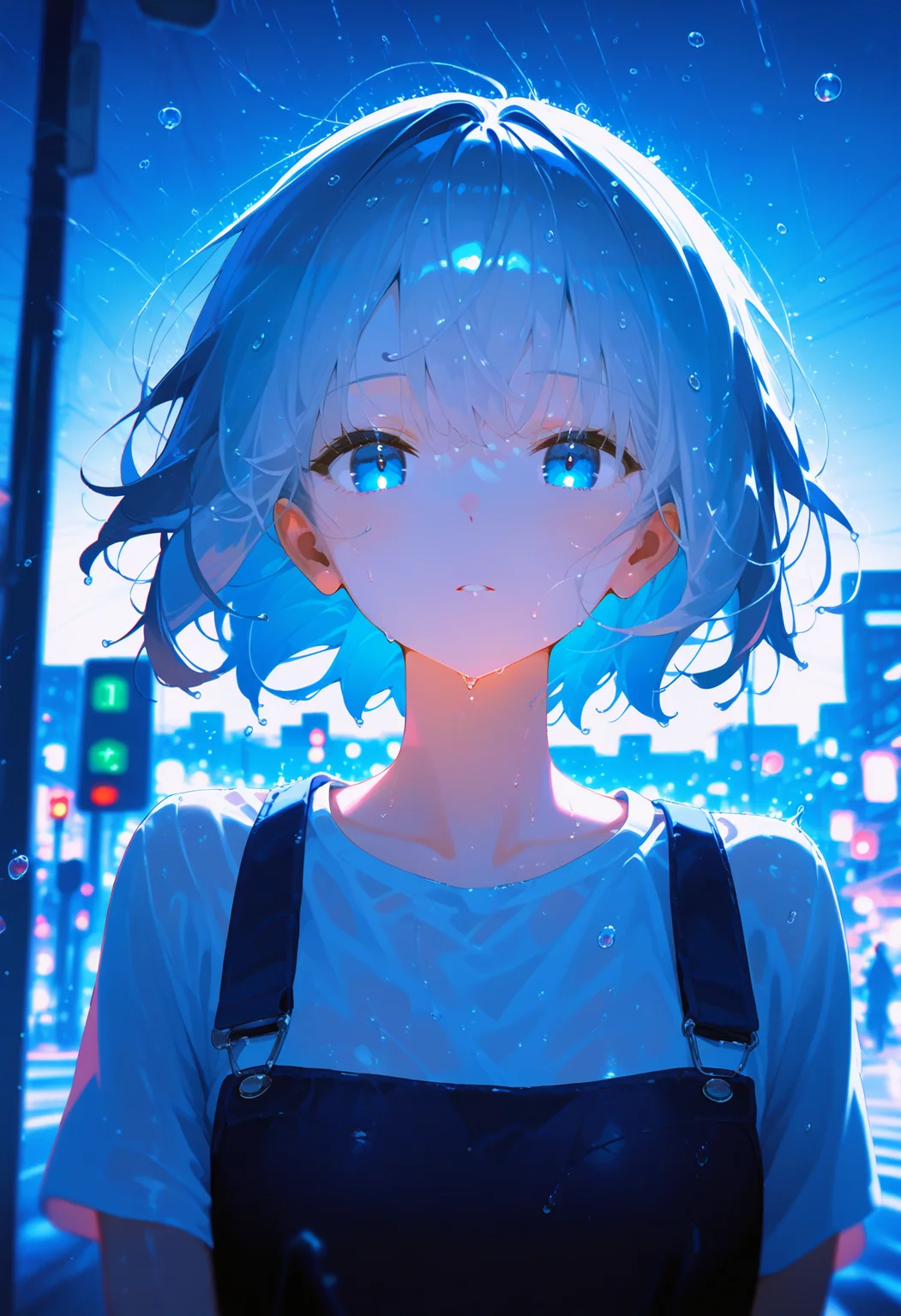 <lora:EtherPDXLStyleXL:1>, best quality, masterpiece, EtherPDXLStyle, blue theme,cute 1girl, silver short hair, rainy, blurry citylights, pedestrian crossing, summer outfit, melancholy face, water drop,wind,straight-on,looking at viewer,(depth of field:1.2),(foreshortening)