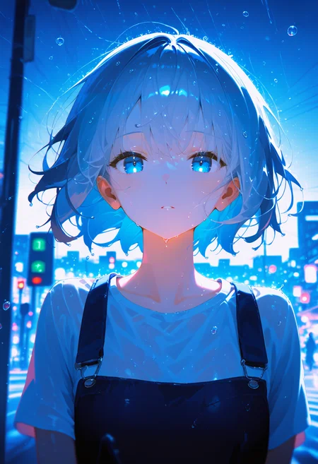 <lora:EtherPDXLStyleXL:1>, best quality, masterpiece, EtherPDXLStyle, blue theme,cute 1girl, silver short hair, rainy, blurry citylights, pedestrian crossing, summer outfit, melancholy face, water drop,wind,straight-on,looking at viewer,(depth of field:1.2),(foreshortening)