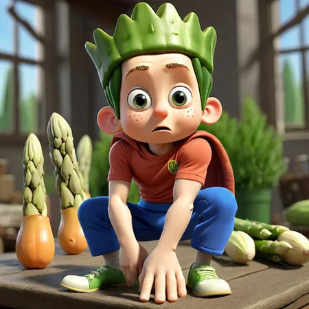 Junior Asparagus As Oliver from Veggie tales, buff super Sayan