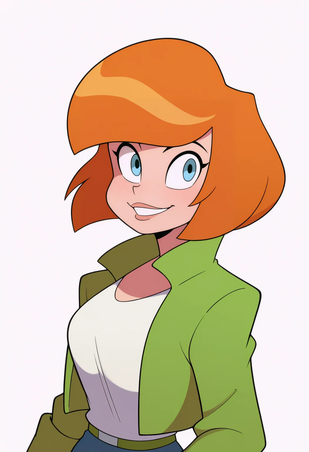 masterpiece, best quality, very aesthetic, absurdres,
1girl, heather, orange hair, blue eyes, short hair,
green jacket, shirt, belt, pants,
upper body,
smile, looking at viewer, solo, (simple background, white background:1.3), <lora:HeatherGadgetNoobXL_byKonan:1>