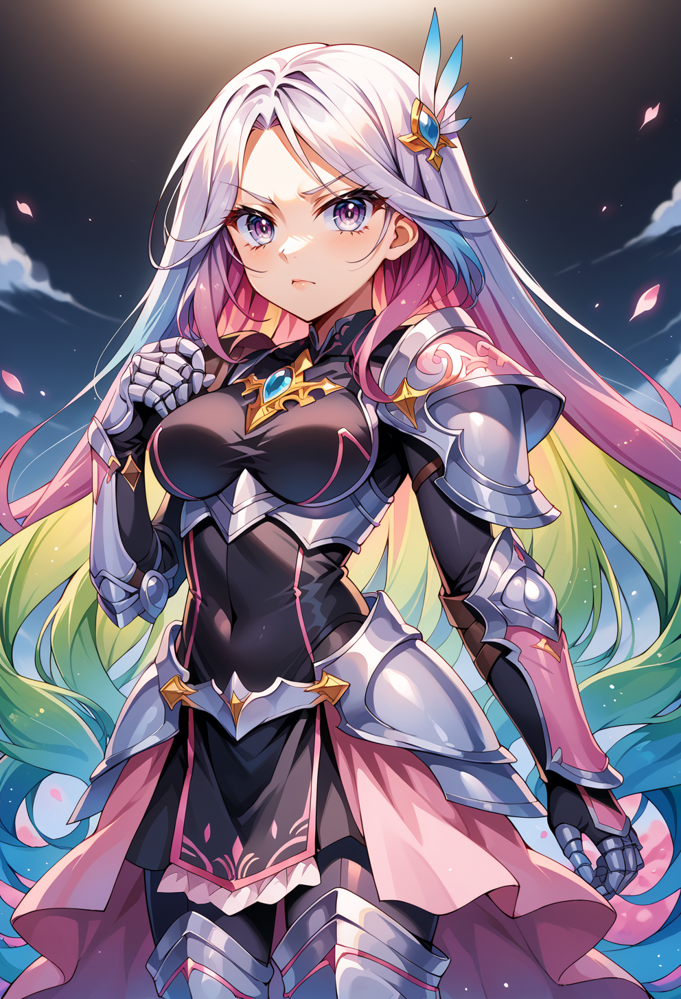 score_9, score_7_up, source_anime, BREAK <lora:kamiya_yuu-Style-PonyXL-GLoRA:0.75>, serious, 1girl, white eyes, white hair, very long hair, parted hair, parted bangs, gradient hair, lilac hair, medium breasts, wing hair ornament, valkyrie, black bodysuit, armor, gauntlets, greaves, pink breastplate, grey armored skirt, armored dress, pink hues,