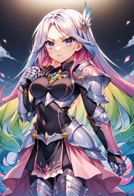 score_9, score_7_up, source_anime, BREAK <lora:kamiya_yuu-Style-PonyXL-GLoRA:0.75>, serious, 1girl, white eyes, white hair, very long hair, parted hair, parted bangs, gradient hair, lilac hair, medium breasts, wing hair ornament, valkyrie, black bodysuit, armor, gauntlets, greaves, pink breastplate, grey armored skirt, armored dress, pink hues,