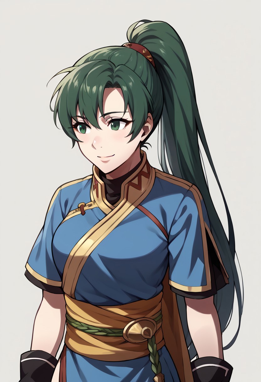 score_9, score_8_up, score_7_up, source_anime BREAK 1girl, solo, <lora:zs_AwakeningPortraitsXL:1> awakeningportraits, portraits, white background, <lora:lyn-pdxl-nvwls-v1-000005:1> defLyn, green hair, high ponytail, blue dress, short sleeves, sash, side slit, fingerless gloves, big breasts, light smile