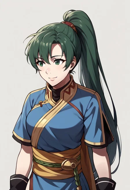 score_9, score_8_up, score_7_up, source_anime BREAK 1girl, solo, <lora:zs_AwakeningPortraitsXL:1> awakeningportraits, portraits, white background, <lora:lyn-pdxl-nvwls-v1-000005:1> defLyn, green hair, high ponytail, blue dress, short sleeves, sash, side slit, fingerless gloves, big breasts, light smile