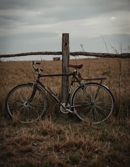 A lone bicycle leans against an old, weathered fence in an empty countryside, the grass gently swaying in the breeze. The scene captured by the Sony A7IV with a 20mm G Master lens set at a wide aperture of F1.5 unfolds with haunting beauty, enveloped in a moody and melancholic atmosphere, defined by the rustic tones of rust brown and sage green.