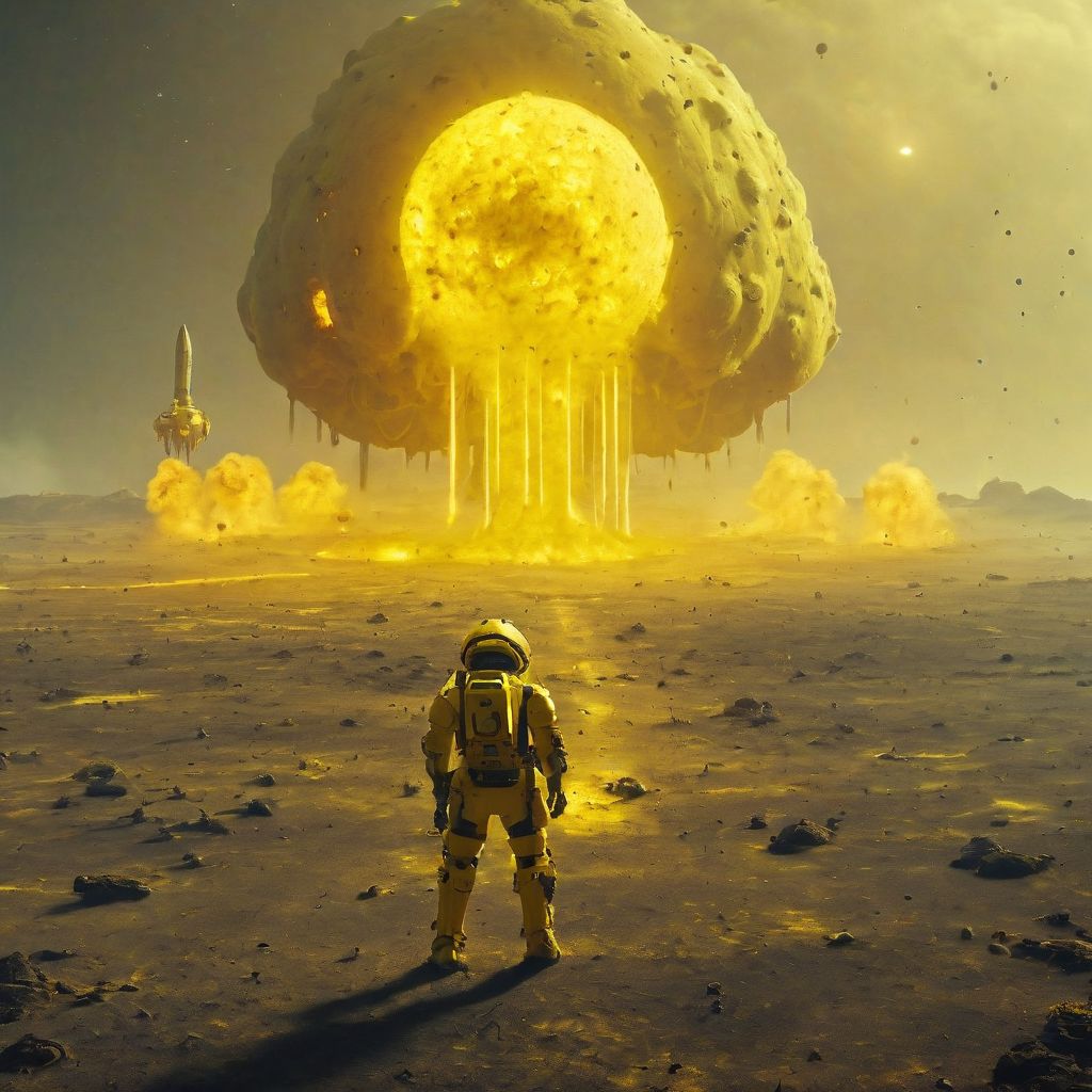 a four meter tall yellow drdnght machine with rocket launcher and flamethrower walks across an alien battlefield searching for enemies, rockets streak across the sky and explode into the closeup of planets surface