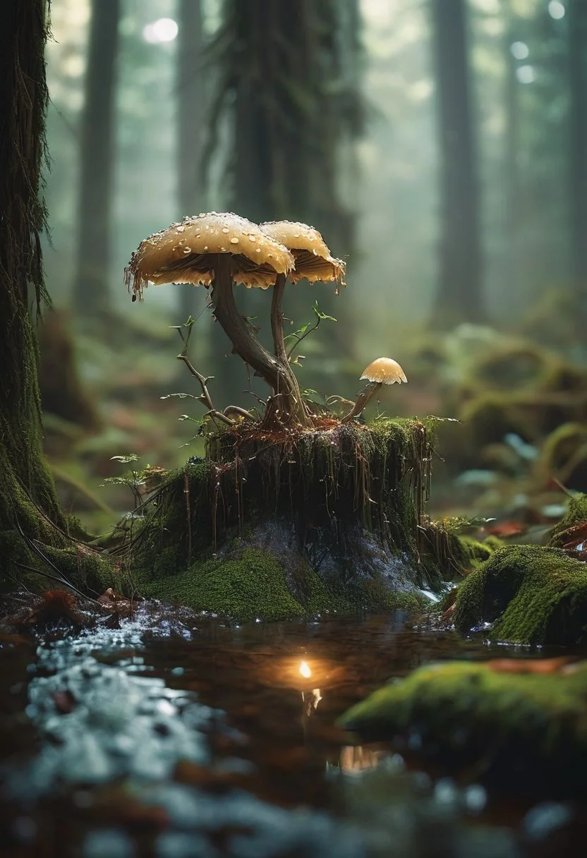 Eerie Beauty: A moonlit forest bathed in an ethereal glow, where ancient, gnarled trees twist into fantastical shapes. Wispy, bioluminescent mushrooms illuminate the forest floor, while a stack mushroom with piercing needles sprout from the shadows.