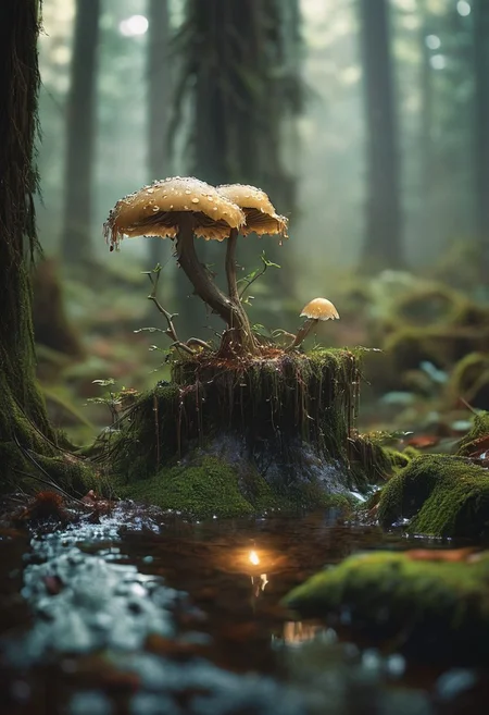 Eerie Beauty: A moonlit forest bathed in an ethereal glow, where ancient, gnarled trees twist into fantastical shapes. Wispy, bioluminescent mushrooms illuminate the forest floor, while a stack mushroom with piercing needles sprout from the shadows.
