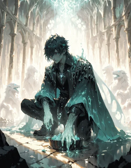 score_9, score_8_up, score_7_up, score_6_up, score_5_up, score_4_up, Liquid metal flowing out of a broken container, swirling and gathering on the floor, solidifying into the shape of a person silhouette, homogeneous body, glowing. Niji Stan Katayama style.