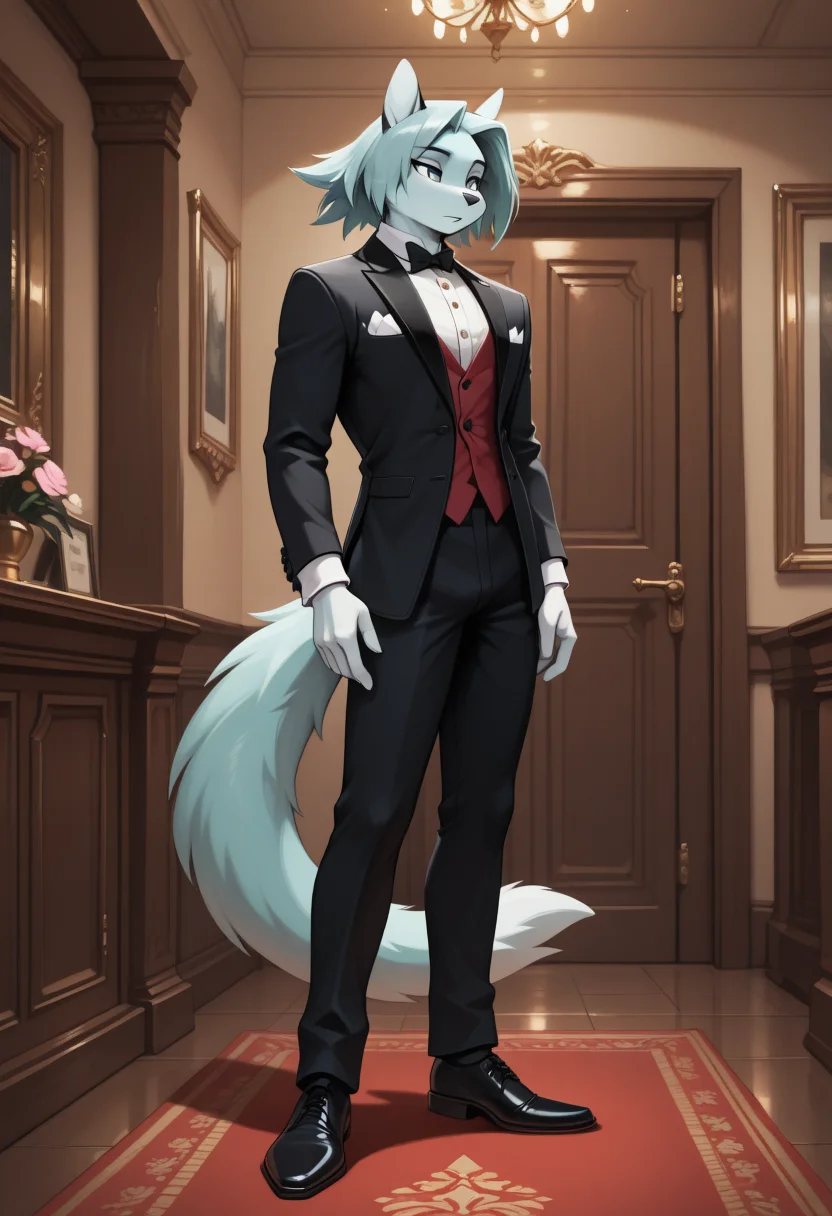 masterpiece, best quality, amazing quality, (du57aet, anthro, tail), ((male focus, 1boy, solo)), male, anthro, standing, indoors, tuxedo<lora:Illustrious\dust-illuv2.safetensors:1.0000000000000002:1.0000000000000002>