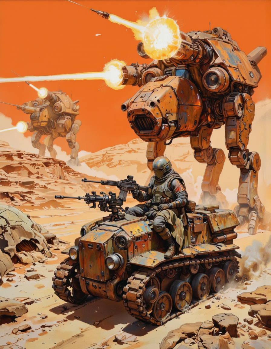 By theaicolab. This is a digital illustration in a sci-fi style depicting a futuristic battle scene set against a backdrop of a barren, orange-hued desert landscape. The image features multiple, large, robotic war machines, each resembling a massive, armored flying tank. The machines are equipped with heavy weaponry, including large, glowing laser cannons that fire bright, orange beams across the sky, creating a dramatic effect.
In the foreground, a soldier clad in a bulky, metallic exoskeleton and helmet is perched on the front of one of the machines, aiming a rifle. The soldier appears to be a humanoid figure with a muscular build, suggesting a strong and capable fighter. The exoskeleton is adorned with various panels and mechanical components, indicating advanced technology.
The background is dominated by the desert landscape, which is rendered in shades of orange and brown, adding to the intense and desolate atmosphere. The sky is a deep orange, almost resembling a sunset, and the ground is rocky and uneven, with small craters and debris scattered across it.
The overall color palette of the image is dominated by warm tones, with the orange beams of light adding a dynamic and action-packed feel. The illustration is detailed and dynamic, capturing the intensity of a futuristic battle in a highly stylized manner. <lora:The_AI_Colab:1>
