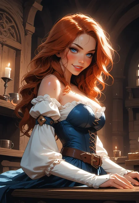 Safe_pos, (score_9, score_8_up, score_8), ultra detailed, high resolution, high quality, masterpiece, intricate details, intricate body, intricate landscape, knva, Expressiveh, hkmagic, missfortune, European Instagram Model, Sorceress, Wizard, Casting Thunder Magic Spells, Magic Circle, Thigh Strap, Tavern, midnight, 1girl, source_cartoon, Petite, ((Dark-Auburn Hair, Blue Eyes, Full Lips, Delicate and Smooth Skin, Blush Perfect Body, Highly Detailed, Glossy Lips)), Beautiful, Attractive, (Long Hair, Shiny Hair), (perfect round breasts, large breasts), (Wizard), ((Femme Fatale)), Tight-Fitting Blue-and-White Dress, Corset, Sexy, Belt, Brown Thigh-High Boots, Fantasy, Medieval, ((Extremely Detailed Face and Eyes)), Looking at Viewer, (Flirty Smile), Soft Lighting, Warm Lighting, Unique Angle, Unique Perspective, Dramatic Angle, ((Full Body)), From Above, Side Shot, ((Sitting on Tabletop, Arched Back, Leaning Back)), Tomes in Background, Magic Book, Ritual
<lora:add-detail-xl:1.5>,
<lora:Expressive_H:0.7>,
<lora:Kenva:1>,
<lora:incase_2024_new_style_upscaled_with_big_images:0.8>,
<lora:missfortune:0.65>,
<lora:Fantasy_Wizard__Witches_Pony:0.4>,