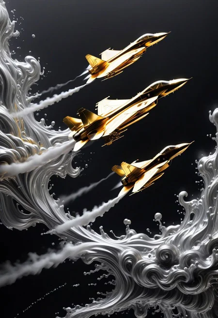 GOLD LIQUID METAL jet fighters, racing through SILVER LIQUID METAL clouds, liquid metal sprays from there jets, flying through a black void