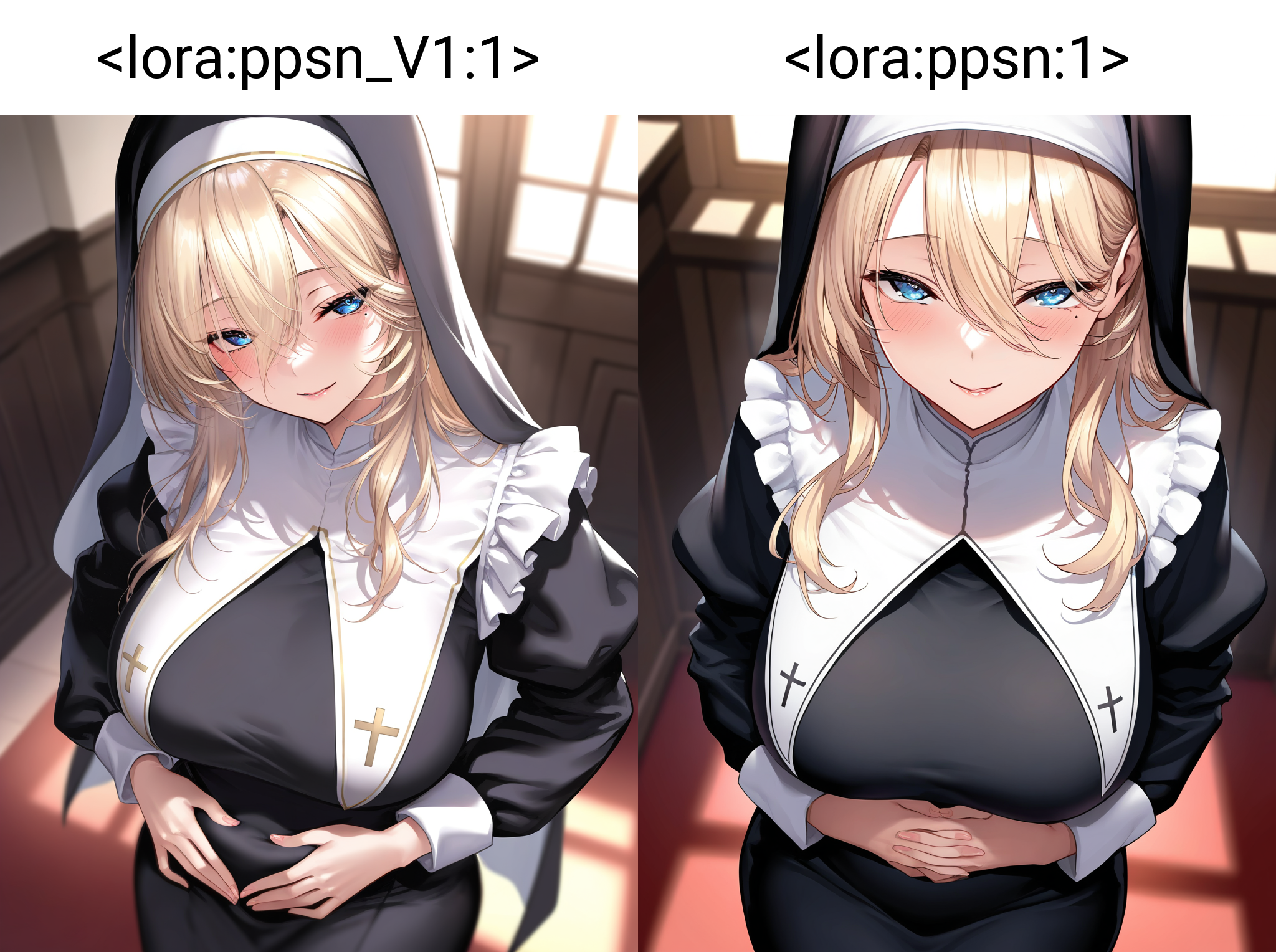 1girl, solo, long hair, breasts, looking at viewer, blush, blue eyes, large breasts, blonde hair, long sleeves, dress, frills, indoors, mole, black dress, mole under eye, veil, long bangs, nun, habit, traditional nun
closed-up, seductive smile, hands on stomach, facing viewer, from above, 
masterpiece, absurdres,
 <lora:ppsn_V1:1>