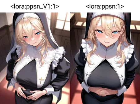 1girl, solo, long hair, breasts, looking at viewer, blush, blue eyes, large breasts, blonde hair, long sleeves, dress, frills, indoors, mole, black dress, mole under eye, veil, long bangs, nun, habit, traditional nun
closed-up, seductive smile, hands on stomach, facing viewer, from above,
masterpiece, absurdres,
<lora:ppsn_V1:1>