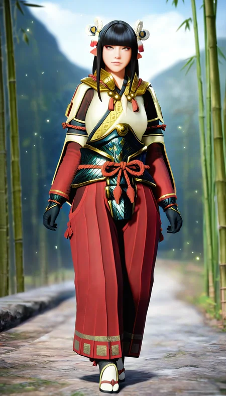 masterpiece,best quality,amazing quality,
<lora:mhminotoNAI:1>,mhminoto,realistic,
1girl,solo,black hair,long hair,blunt bangs,hair ornament,yellow eyes,red and white short cape,white robe top,green waist armor,red hakama pants,black gloves,
white tabi sock,black footwear,looking at viewer,walking,bamboo forest,blue sky,cloud,hill,fog,blurry background,(depth of field:1.4),soft lighting,light particles,
