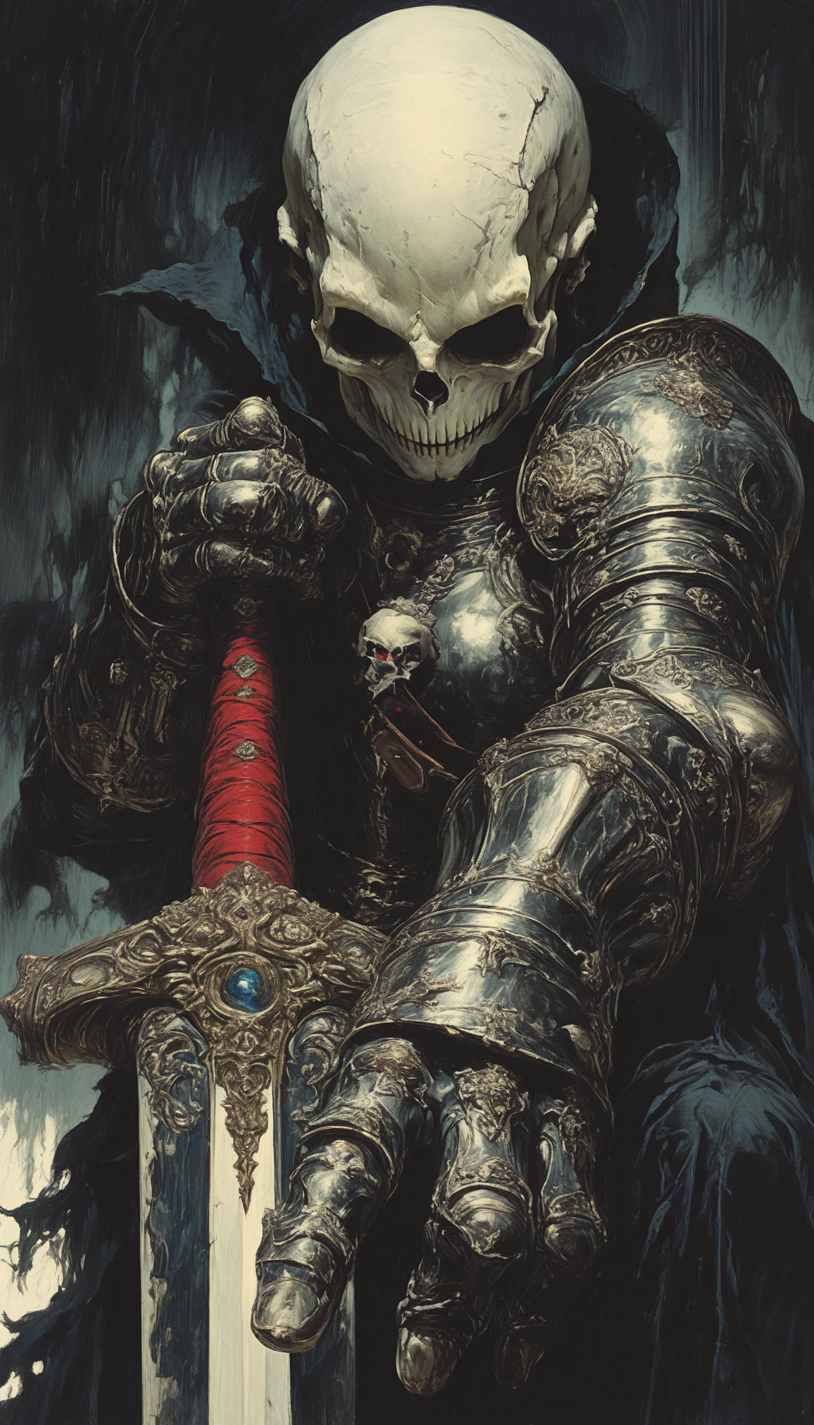 masterpiece, absurdres, narrative-rich composition, A dark detailed digital painting of a knight with a skull head in ornate armor. Sword, Gauntlet, Smile, dramatic shadowy background, foreshortening