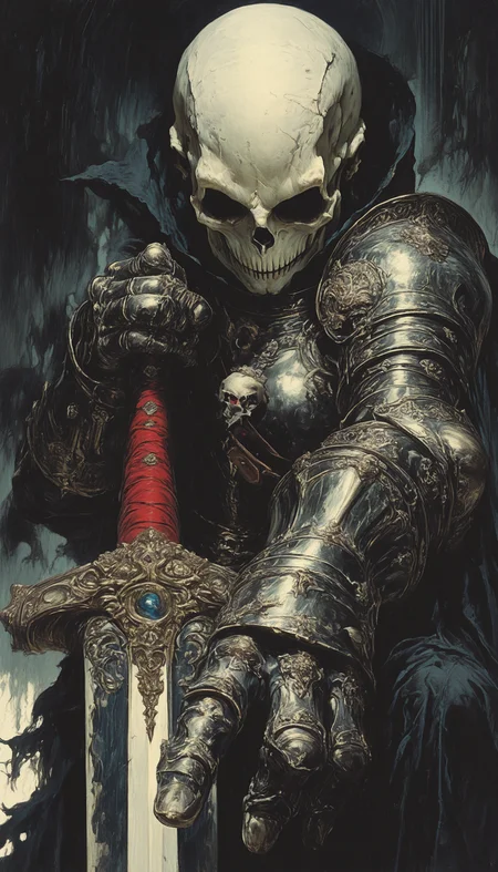 masterpiece, absurdres, narrative-rich composition, A dark detailed digital painting of a knight with a skull head in ornate armor. Sword, Gauntlet, Smile, dramatic shadowy background, foreshortening