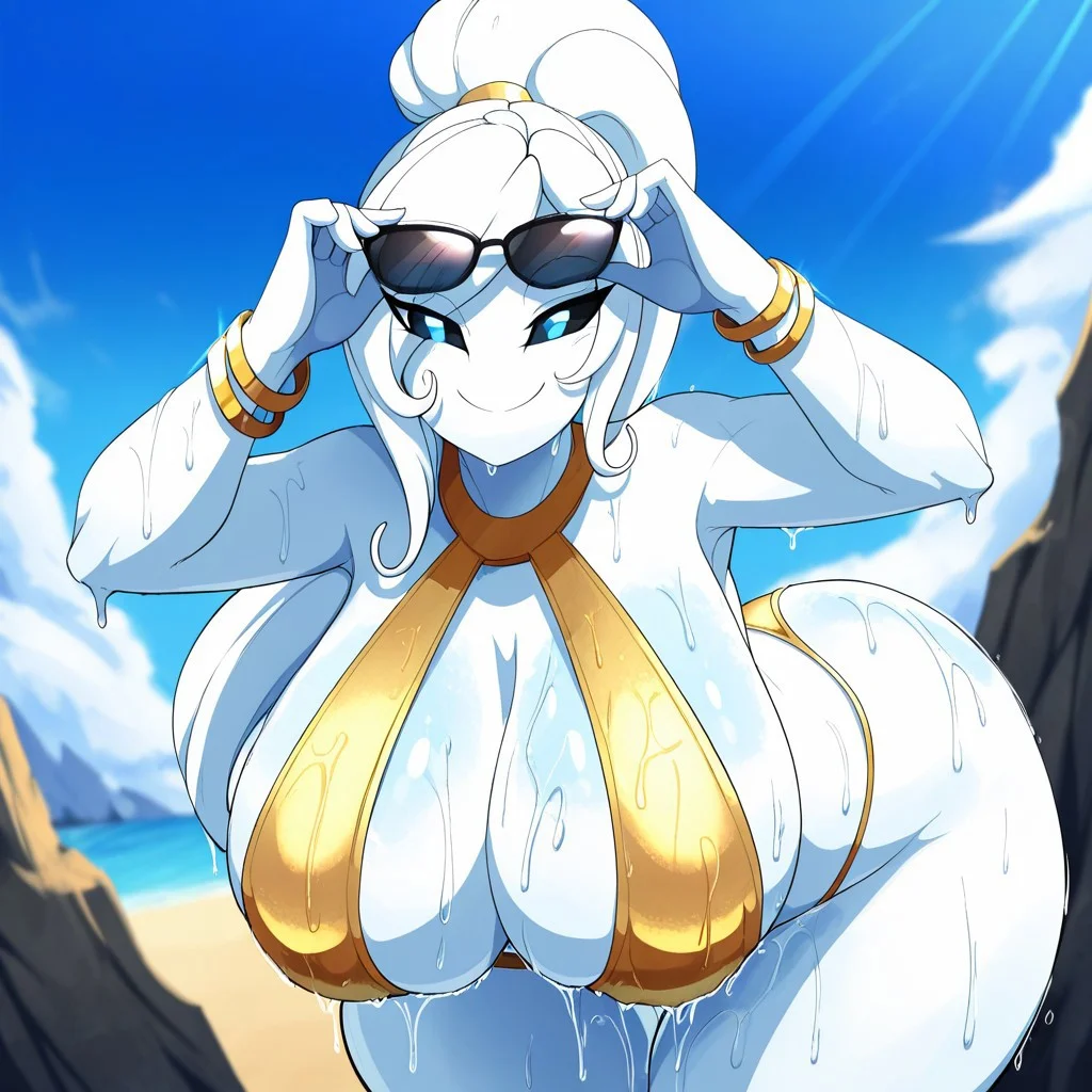 masterpiece, best quality, amazing quality, very aesthetic, high resolution, ultra-detailed, absurdres, newest, scenery, depth of field, scenery, volumetric lighting, curvy figure, voluptuous, thick thighs, daytime, blue sky, clouds, beach, solo, 1female, 1girl, wet body, no humans, half lidded eyes, white hair, black sclera, blue eyes, long hair, ponytail hair, wet body, soaked body, wet hair,, gold bracelets, white skin, fantasyspeciesILL, noseless, no nose, earless, no ears, huge tits, gold sling bikini, front view, bent over, wearing sunglasses, smiling, wearing sunglasses, hand on sunglasses, happy,