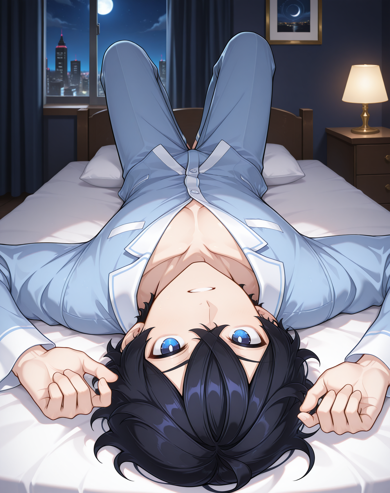 masterpiece,best quality,amazing quality, newest, very aesthetic, absurdres,
1boy, solo, yaoi, male focus, looking at viewer, full body, face focus, lying, on bed,
<lora:Noah_Celestia_ilxl:1>  noahcl, short hair, black hair, hair between eyes, blue eyes, crossed bangs, v-shaped eyebrows,
pajamas, open clothes,
indoors, night, dark room, bedroom,